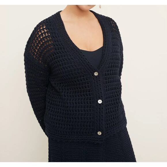 VINCE Crochet Cardigan Sweater Womens 3X Navy Blue Organic Cotton Button Front - Picture 3 of 16